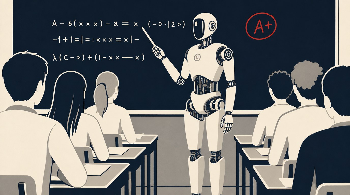 Ilustración: un robot con puntero explica ante una pizarra a un aula de estudiantes de espaldas; en la esquina, una nota A+ encerrada en un círculo rojo.
